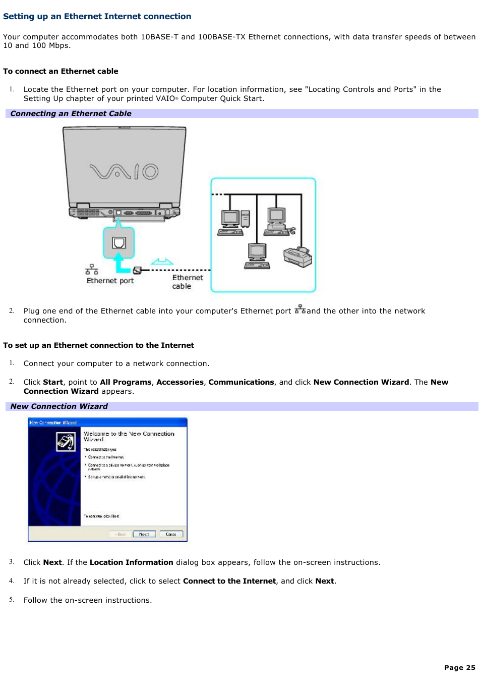 Setting up an ethernet internet connection | Sony PCG-GRX700P User Manual | Page 25 / 170