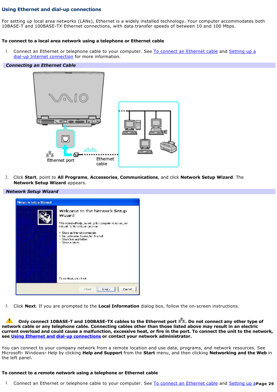 Using ethernet and dial-up connections | Sony PCG-GRX700P User Manual | Page 29 / 170