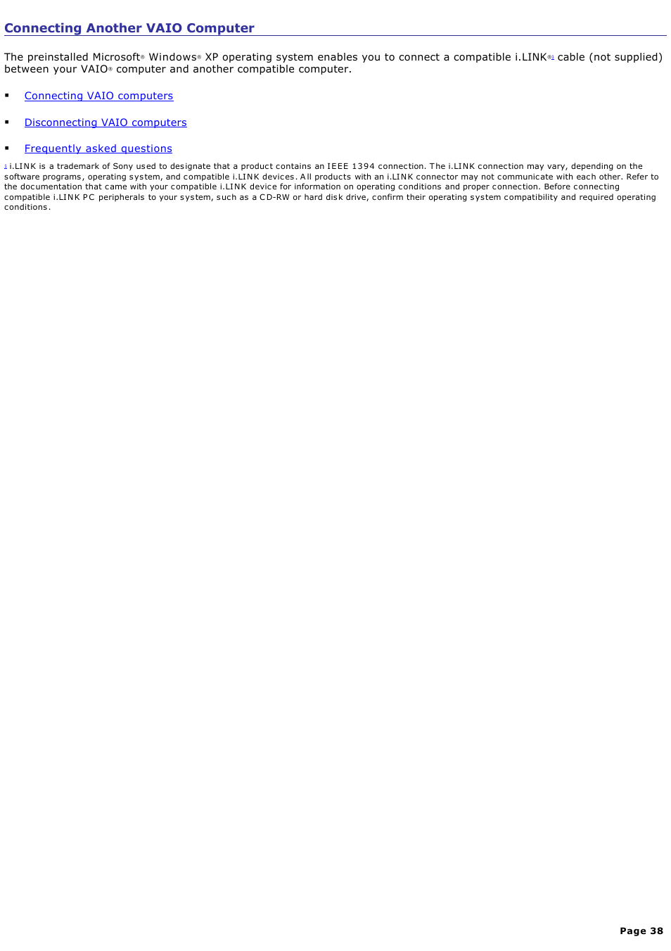 Connecting another vaio computer | Sony PCG-GRX700P User Manual | Page 38 / 170