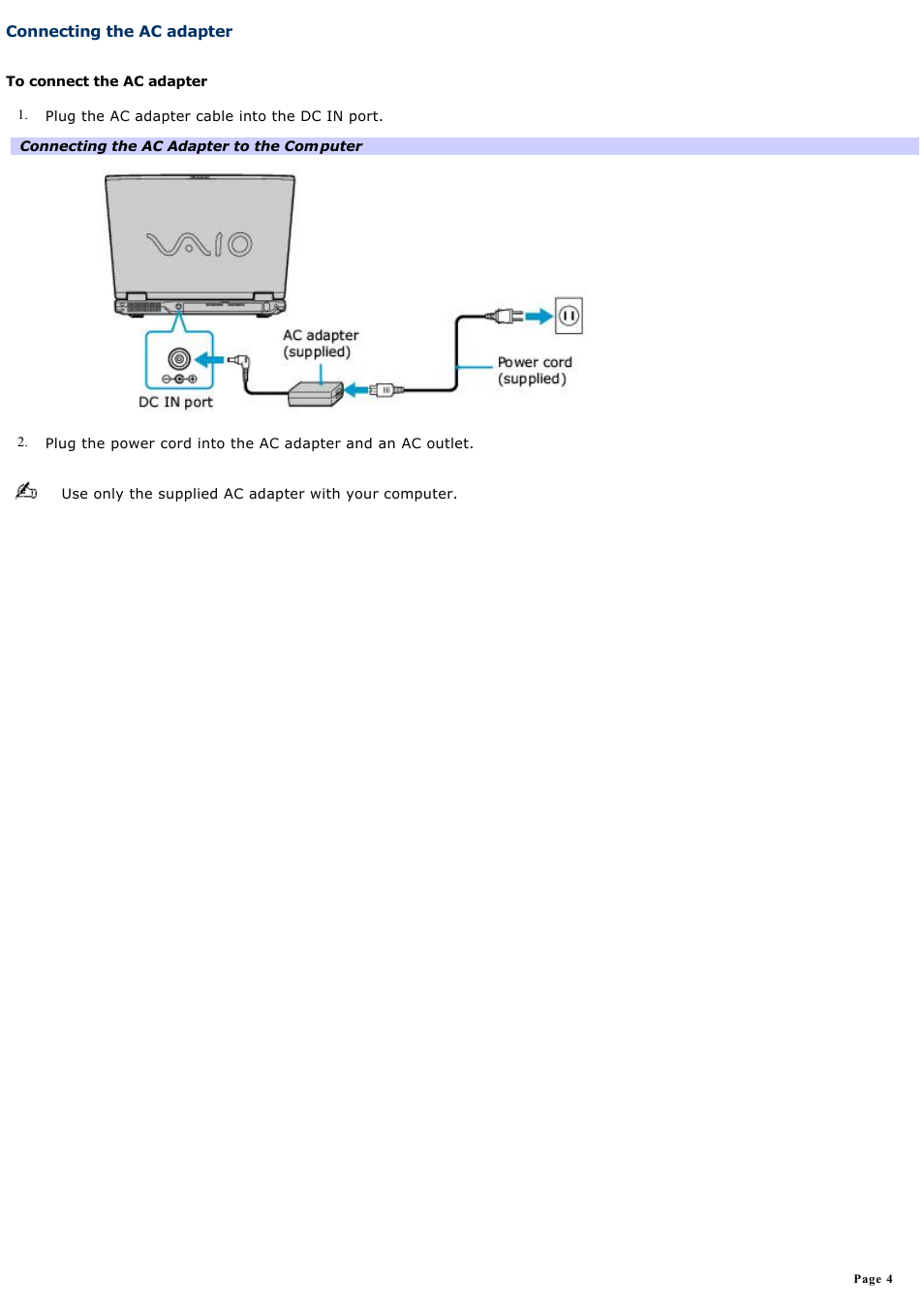 Connecting the ac adapter | Sony PCG-GRX700P User Manual | Page 4 / 170