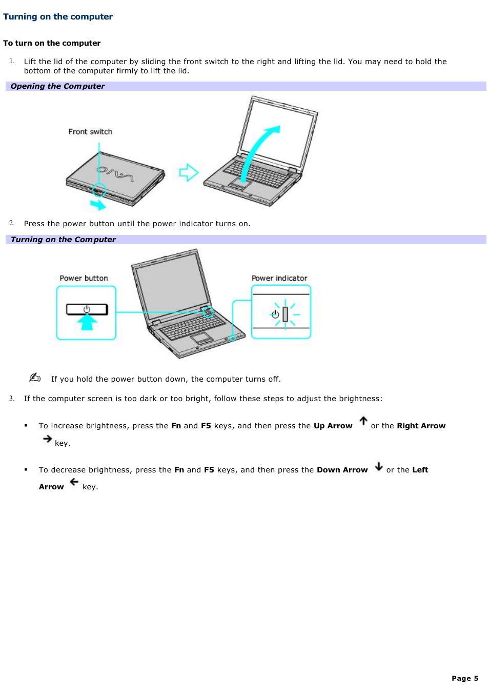 Turning on the computer | Sony PCG-GRX700P User Manual | Page 5 / 170