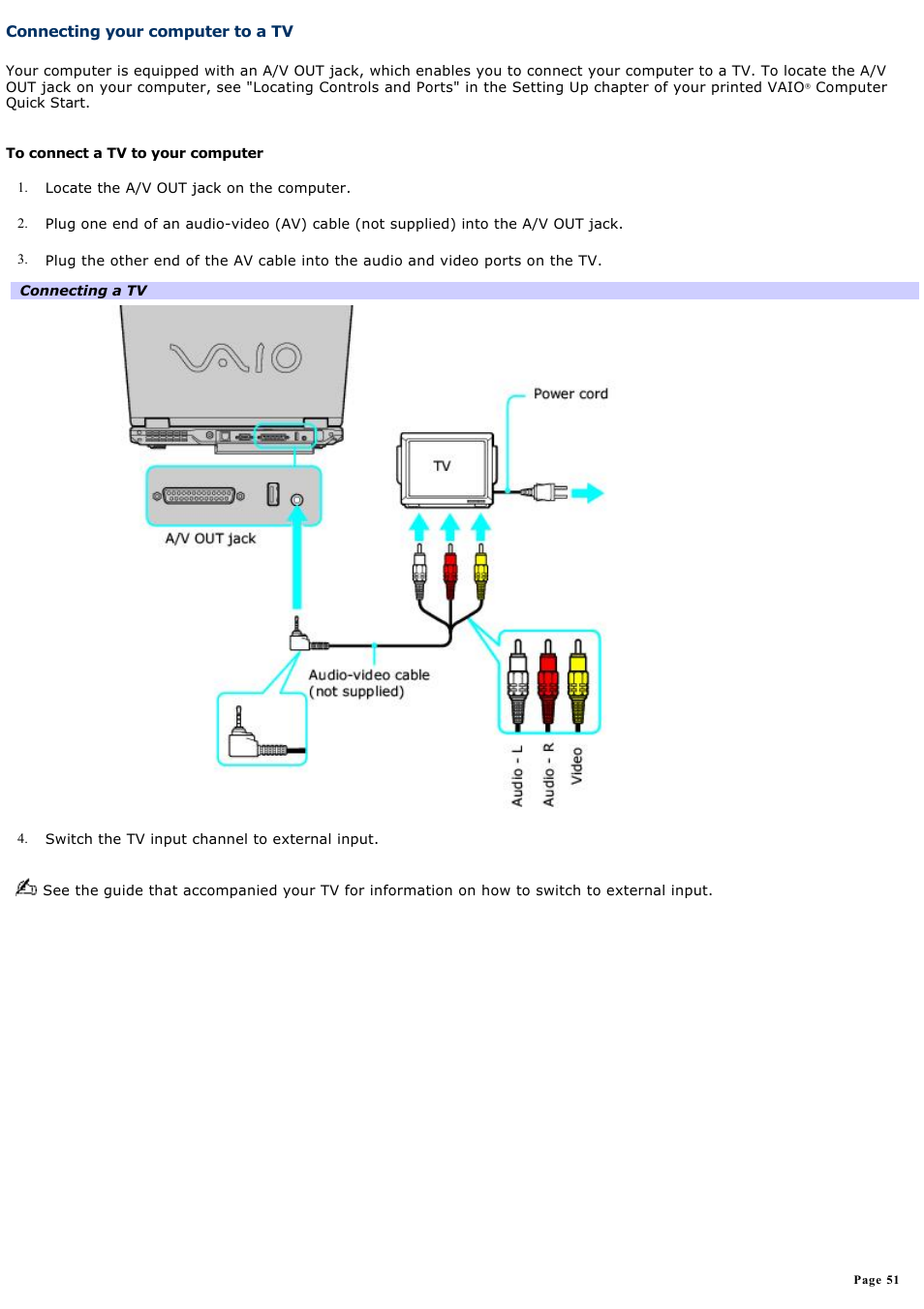 Connecting your computer to a tv | Sony PCG-GRX700P User Manual | Page 51 / 170