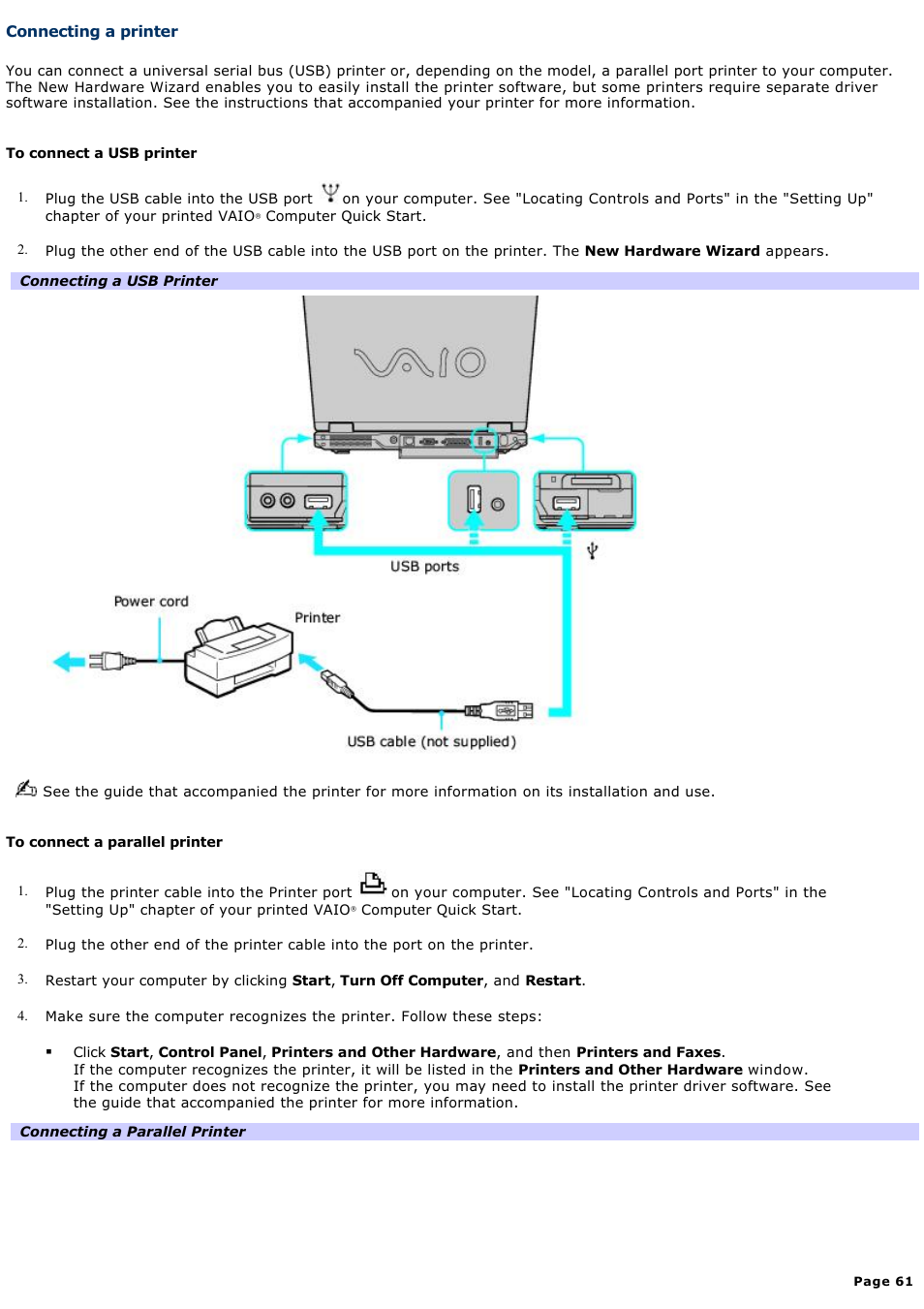Connecting a printer | Sony PCG-GRX700P User Manual | Page 61 / 170