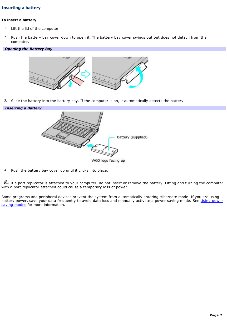 Inserting a battery | Sony PCG-GRX700P User Manual | Page 7 / 170