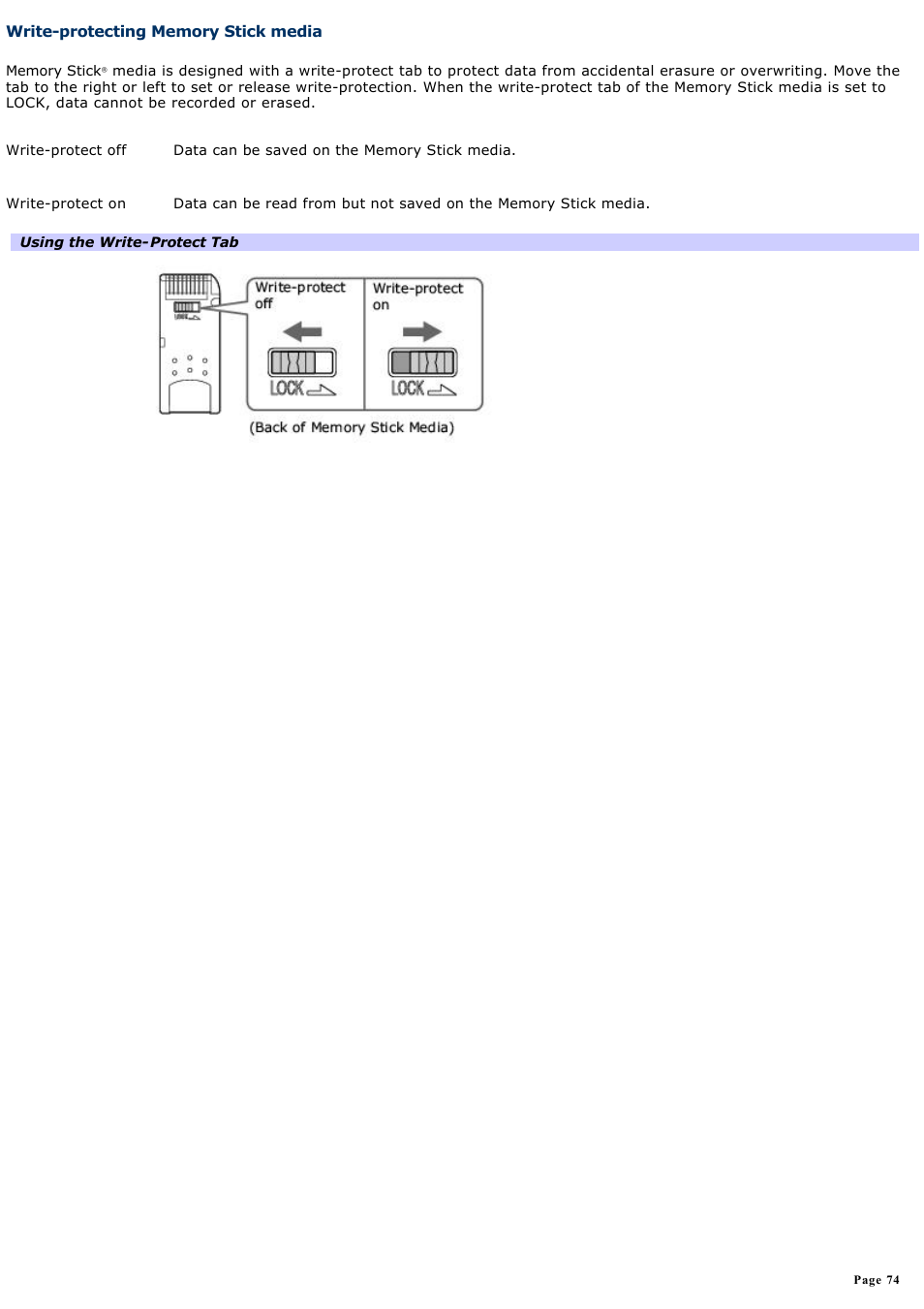 Write-protecting memory stick media | Sony PCG-GRX700P User Manual | Page 74 / 170