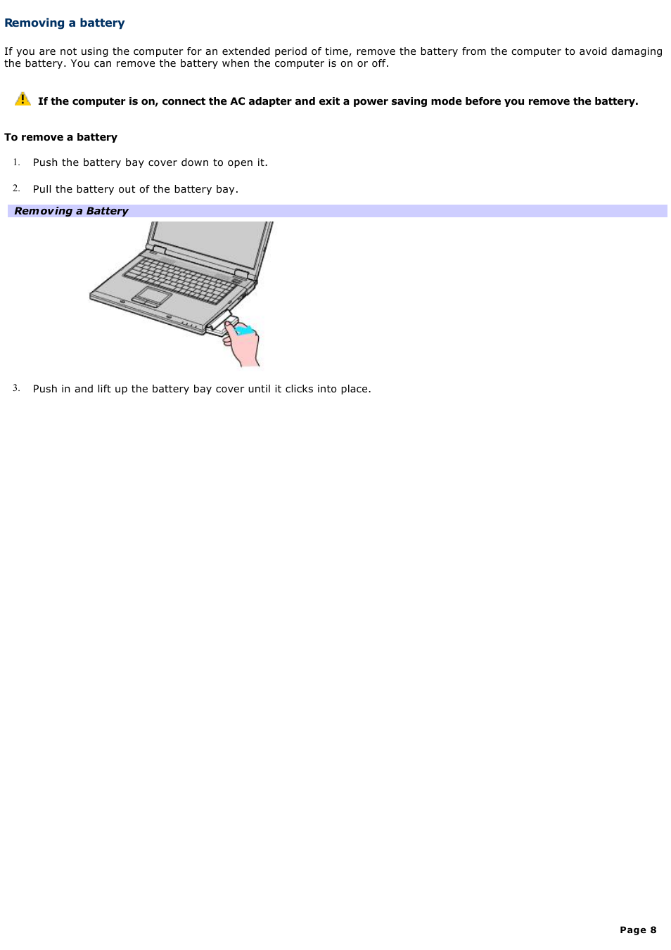 Removing a battery | Sony PCG-GRX700P User Manual | Page 8 / 170