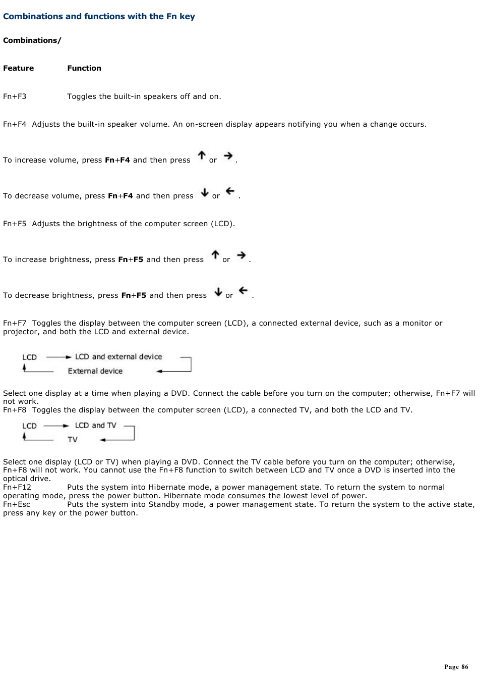 Combinations and functions with the fn key, Combinations and functions with, The fn key | Sony PCG-GRX700P User Manual | Page 86 / 170