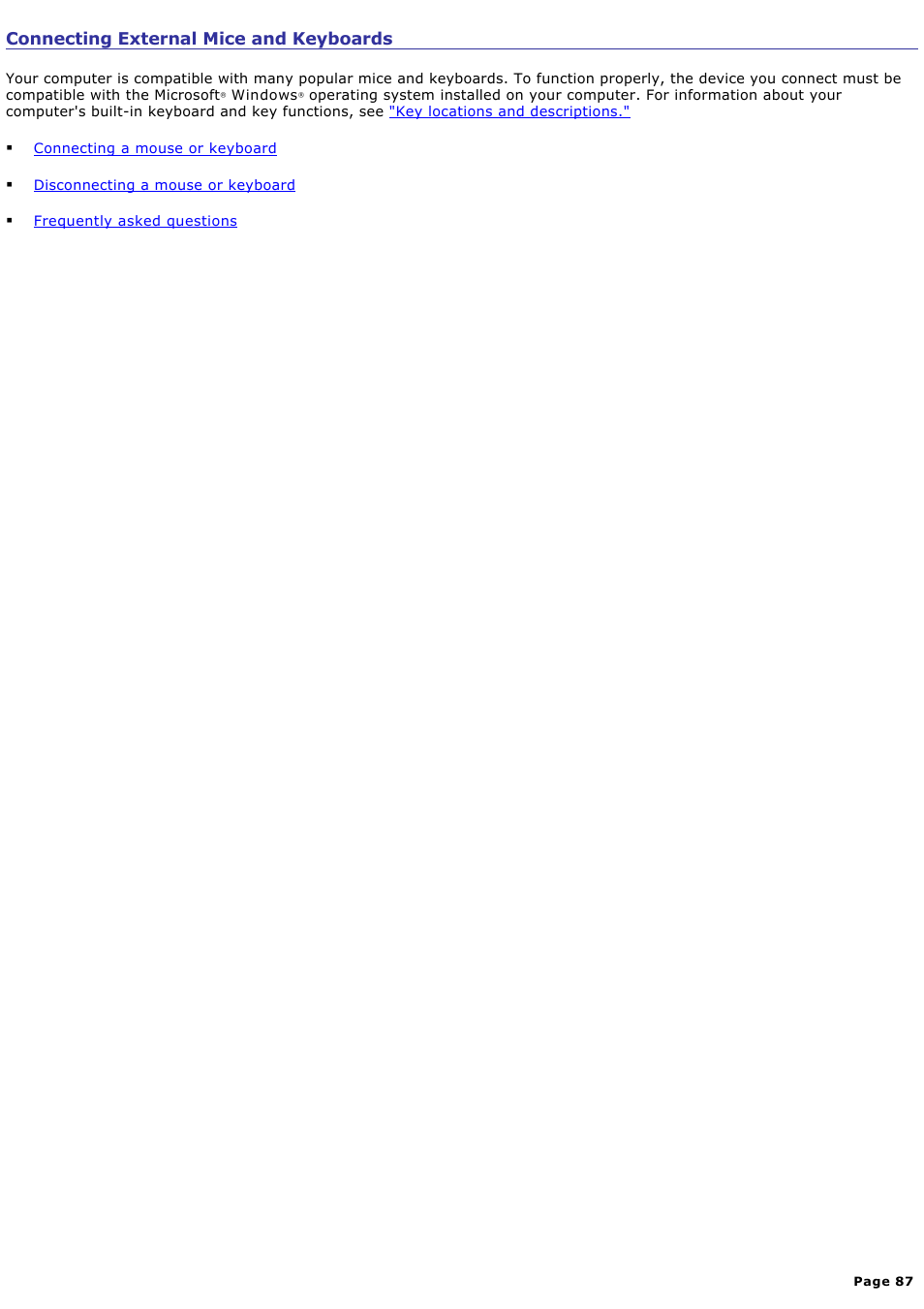 Connecting external mice and keyboards | Sony PCG-GRX700P User Manual | Page 87 / 170