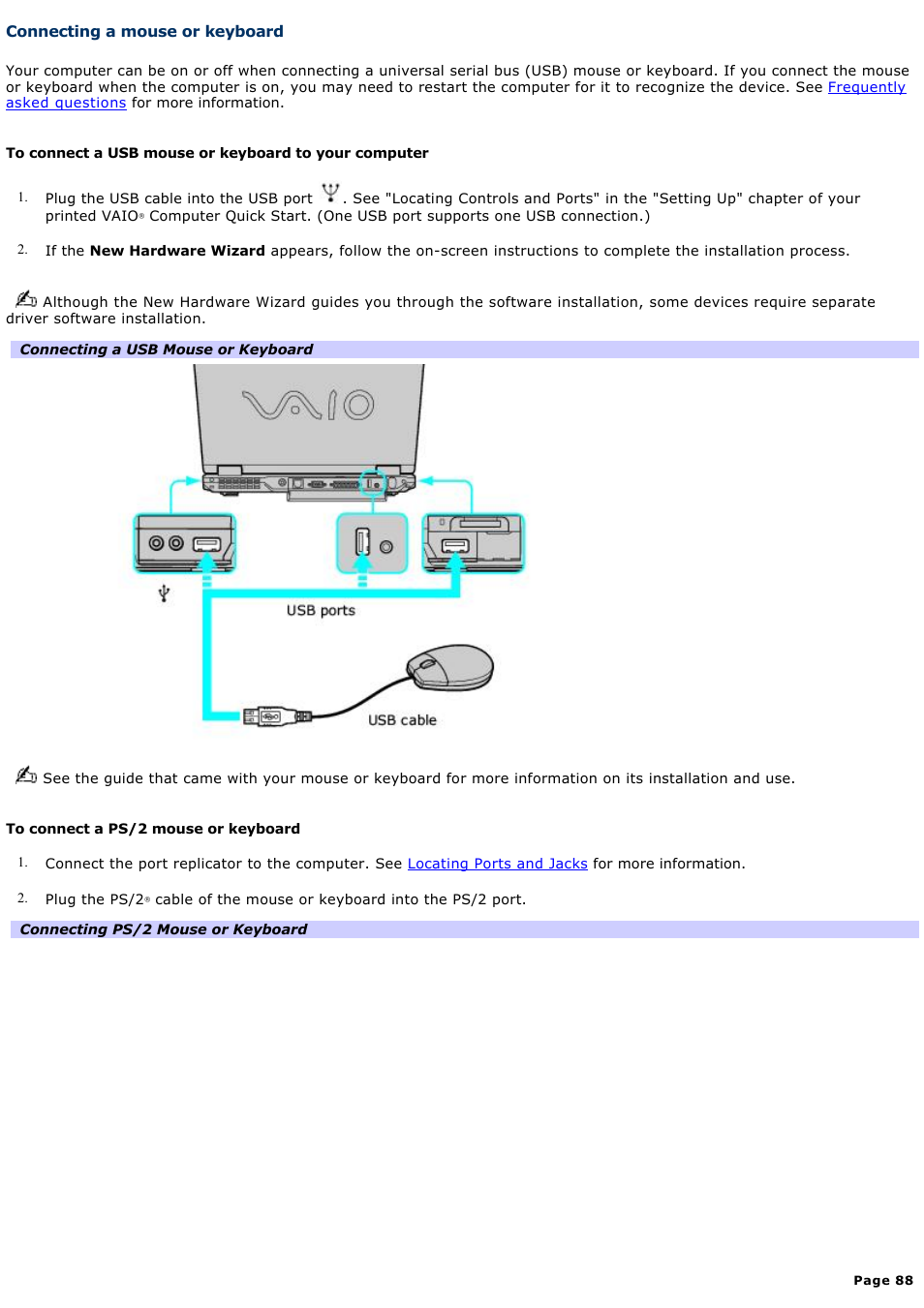 Connecting a mouse or keyboard | Sony PCG-GRX700P User Manual | Page 88 / 170