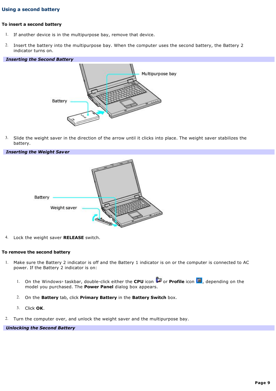 Using a second battery | Sony PCG-GRX700P User Manual | Page 9 / 170