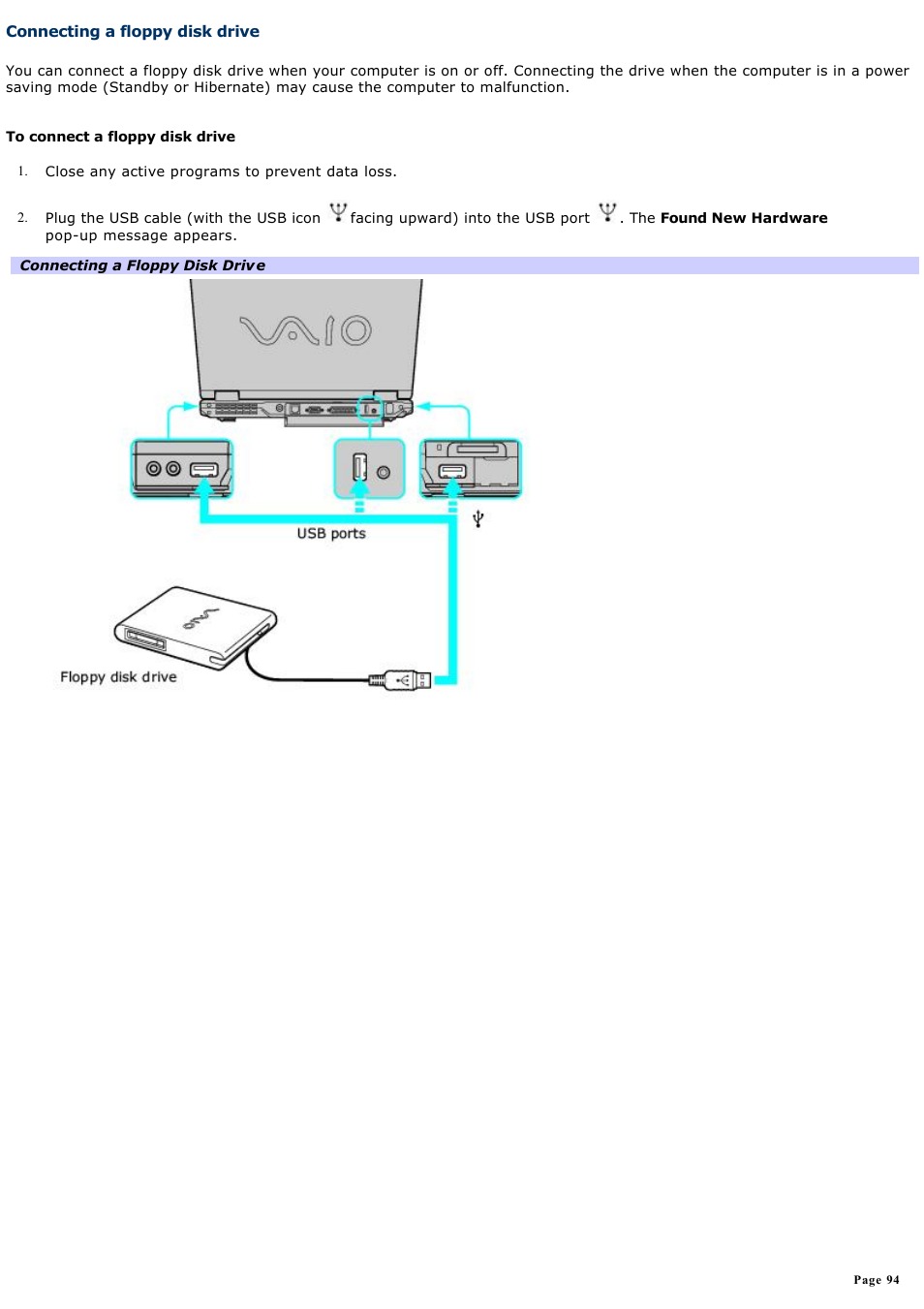 Connecting a floppy disk drive | Sony PCG-GRX700P User Manual | Page 94 / 170