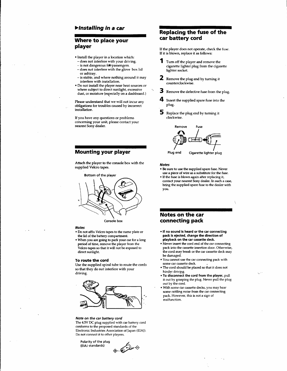 Where to place your player, Mounting your player, Replacing the fuse of the car battery cord | To route the cord, Notes on the car connecting pack, Installing in a car | Sony D-ES52CK User Manual | Page 10 / 15