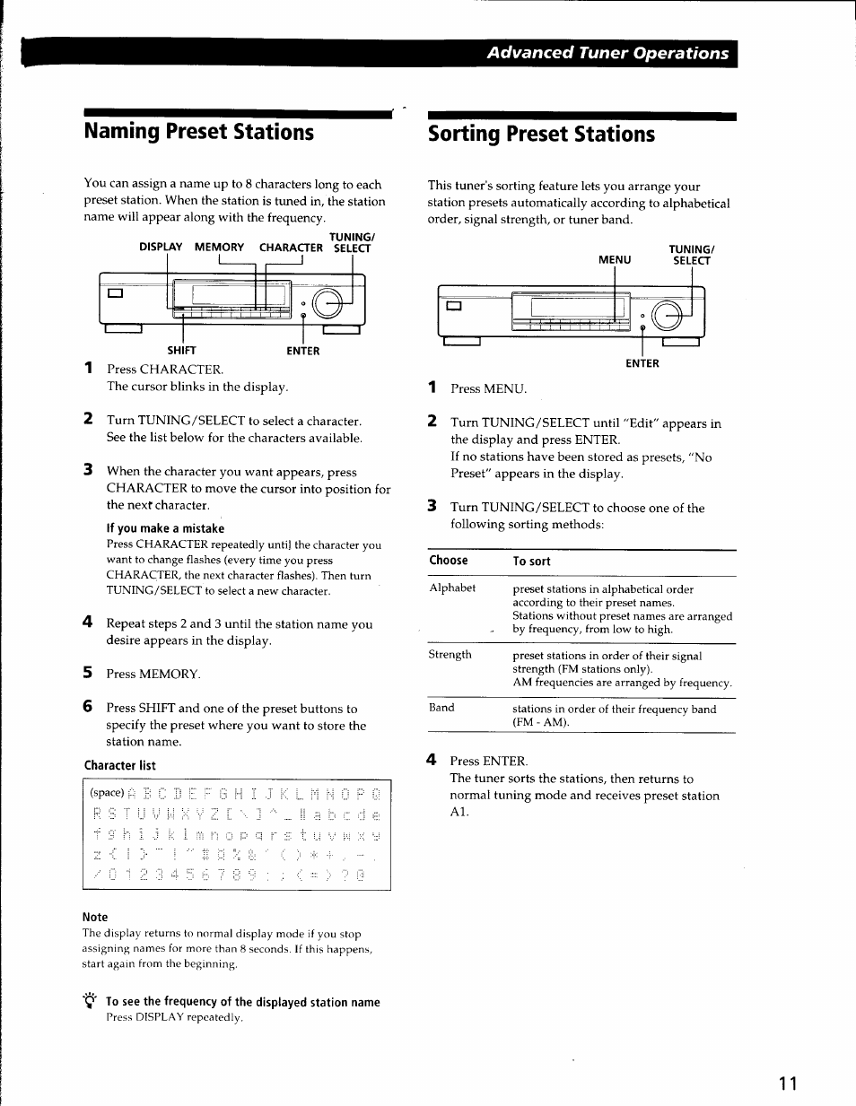Naming preset stations, Sorting preset stations, If you make a mistake | Character list, Naming preset stations sorting preset stations | Sony ST-SA50ES User Manual | Page 11 / 13