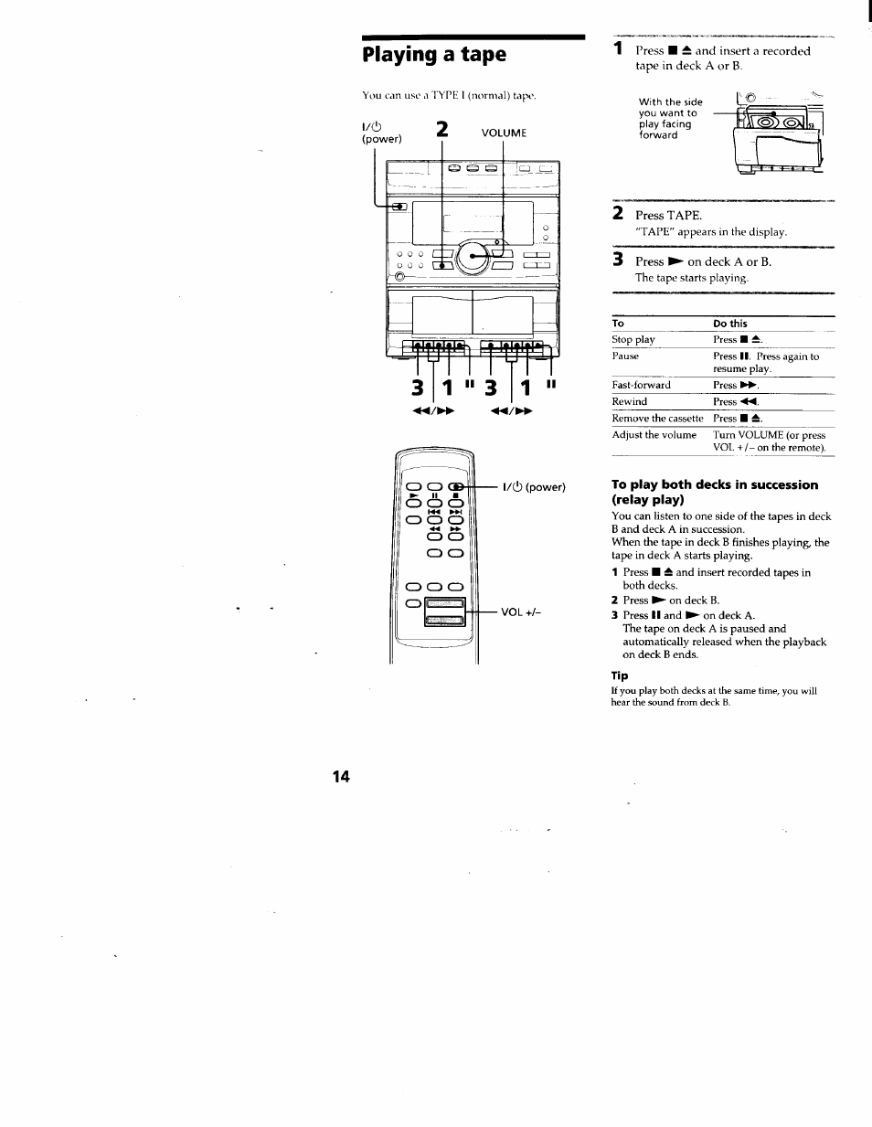 Playing a tape, To play both decks in succession (relay play) | Sony MHC-RX33 User Manual | Page 14 / 32