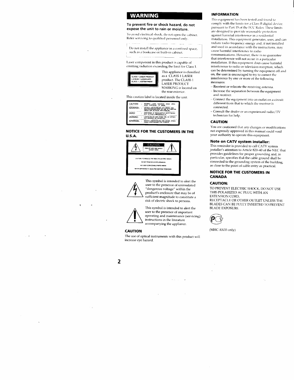 Warning, Notice for the customers in the u.s.a, Caution | Information, Notice for the customers in canada caution | Sony MHC-RX33 User Manual | Page 2 / 32