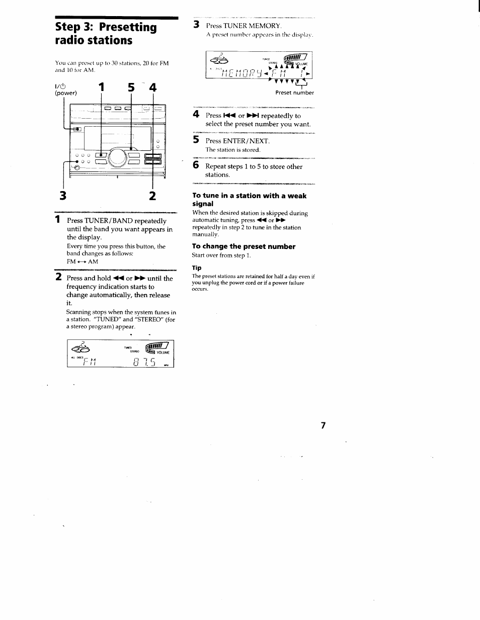 Step 3: presetting radio stations, To tune in a station with a weak signal, To change the preset number | Sony MHC-RX33 User Manual | Page 7 / 32