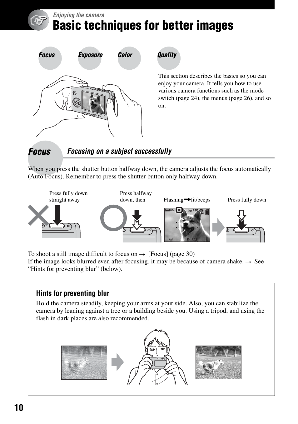 Enjoying the camera, Basic techniques for better images, Focus – focusing on a subject successfully | Focus | Sony DSC-T7 User Manual | Page 10 / 103