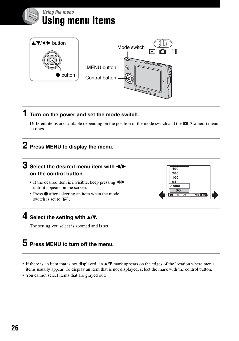 Using the menu, Using menu items, Tton (26) | Nu (26) | Sony DSC-T7 User Manual | Page 26 / 103