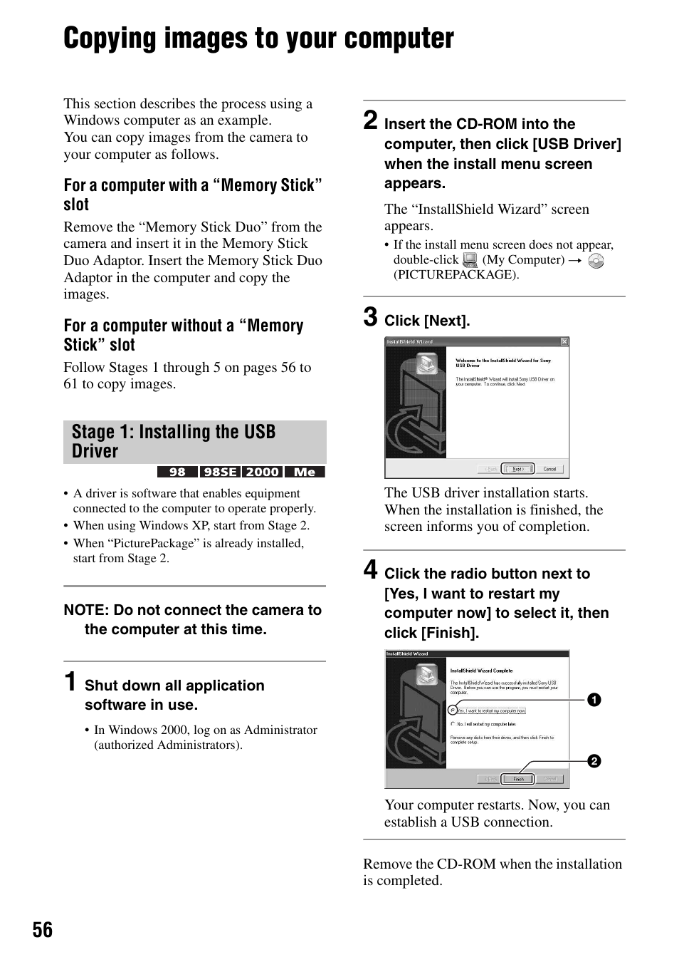 Copying images to your computer, Stage 1: installing the usb driver | Sony DSC-T7 User Manual | Page 56 / 103