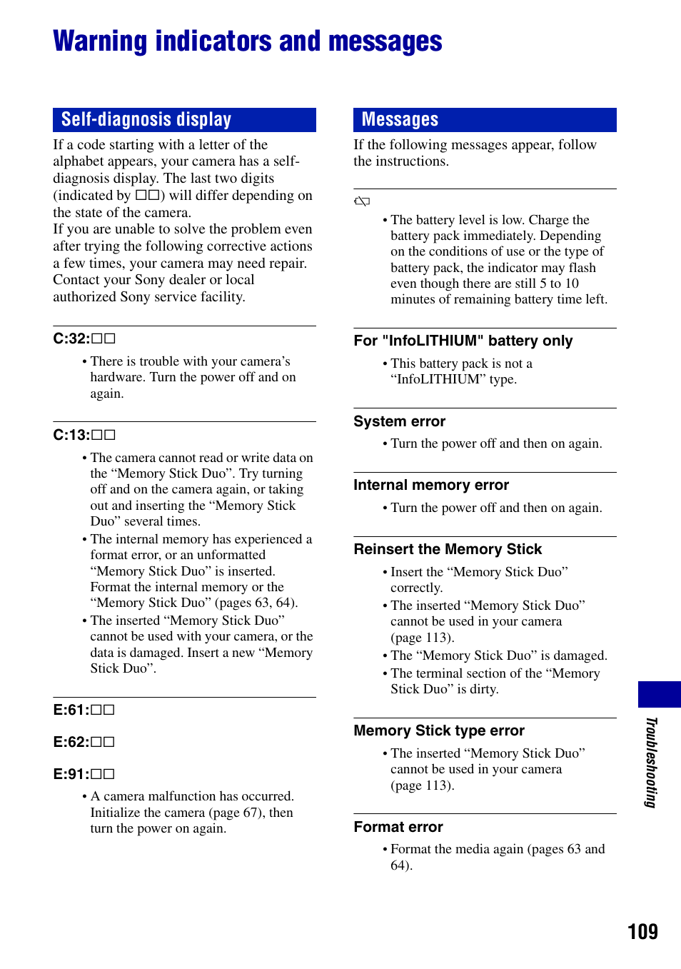 Warning indicators and messages, Self-diagnosis display messages | Sony DSC-T50 User Manual | Page 109 / 120