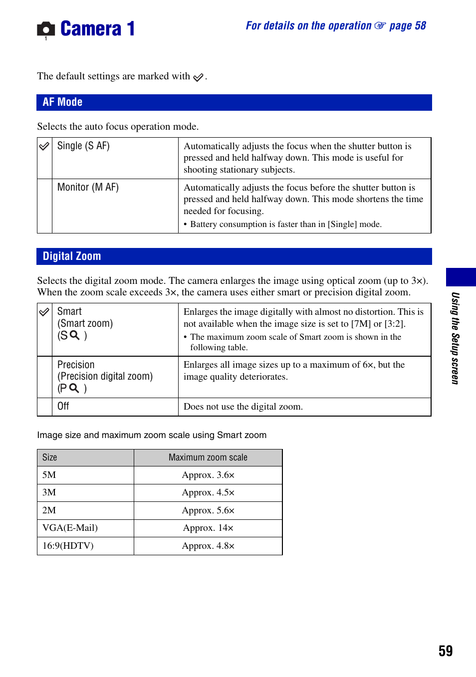 Camera 1, Af mode, Digital zoom | Af mode digital zoom | Sony DSC-T50 User Manual | Page 59 / 120