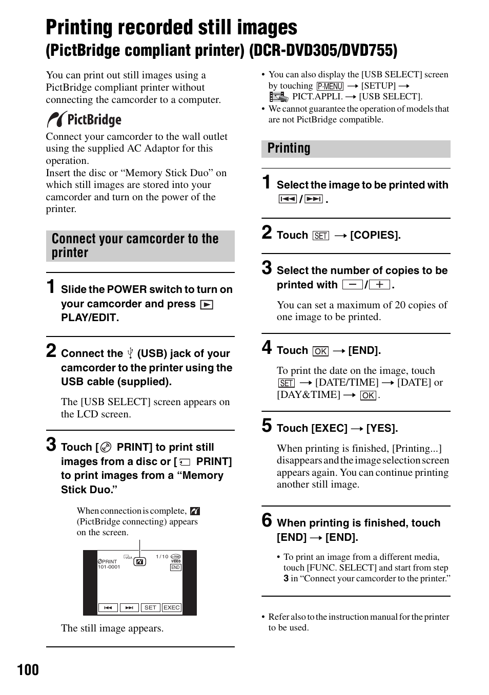 E (1) (p.100, Printing recorded still images, Pictbridge compliant printer) | Connect your camcorder to the printer, Printing | Sony DCR-DVD205 User Manual | Page 100 / 156