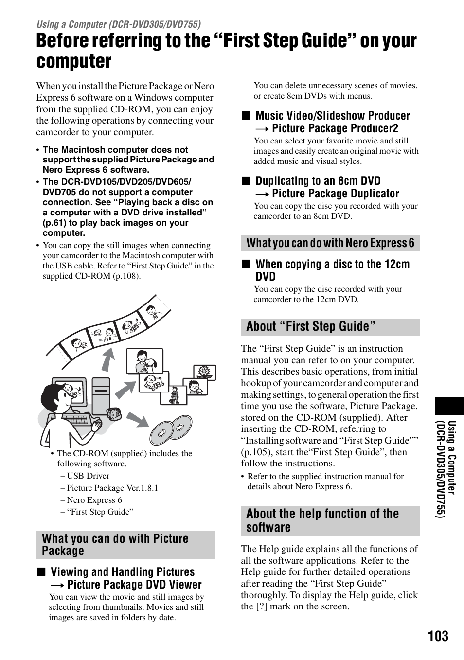 Using a computer (dcr-dvd305/dvd755), Using a computer, P.103 | P.103), P.103) (f | Sony DCR-DVD205 User Manual | Page 103 / 156
