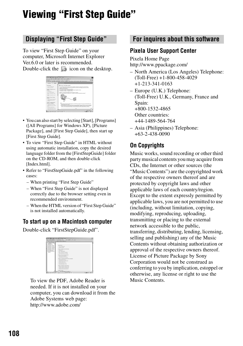 Viewing “first step guide, P.108), E “for inquires about this software” (p.108) | Sony DCR-DVD205 User Manual | Page 108 / 156