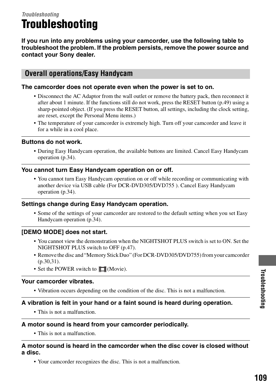 Troubleshooting, Overall operations/easy handycam | Sony DCR-DVD205 User Manual | Page 109 / 156