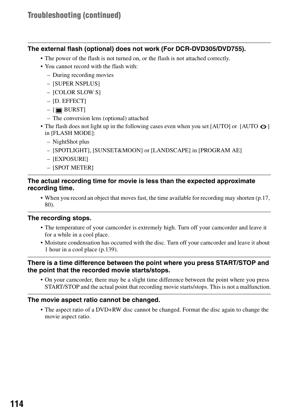 Troubleshooting (continued) | Sony DCR-DVD205 User Manual | Page 114 / 156