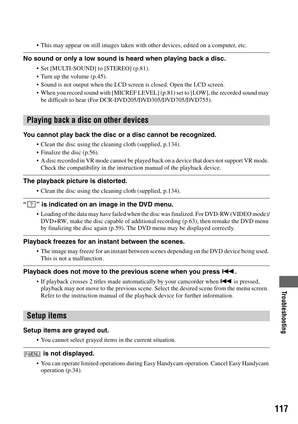 Setup items” (p.117), Playing back a disc on other devices setup items | Sony DCR-DVD205 User Manual | Page 117 / 156