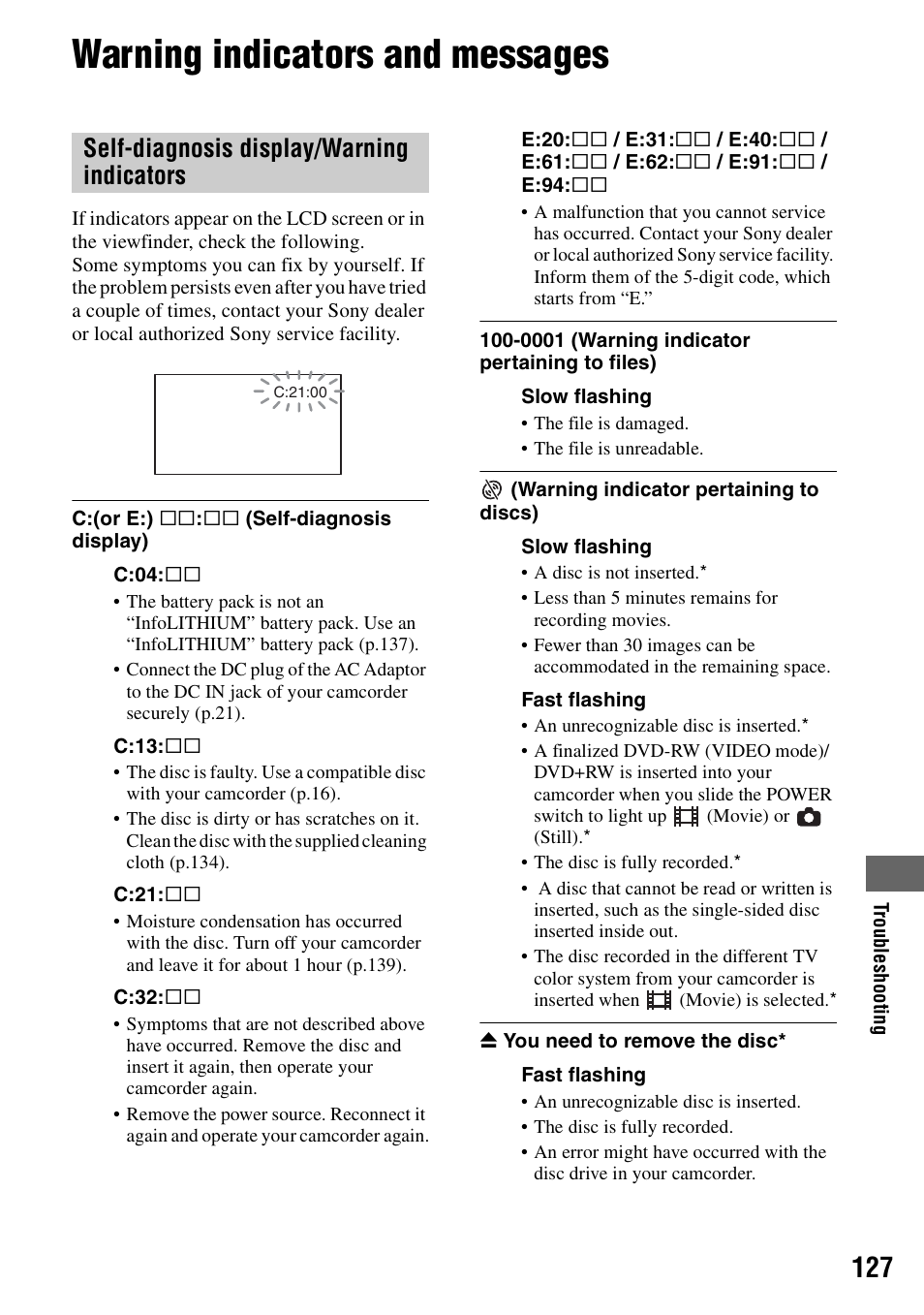 Warning indicators and messages, P.127, Self-diagnosis display/warning indicators | Sony DCR-DVD205 User Manual | Page 127 / 156