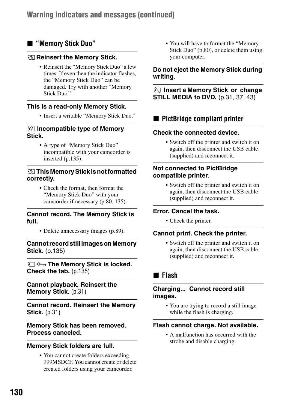 Warning indicators and messages (continued) | Sony DCR-DVD205 User Manual | Page 130 / 156