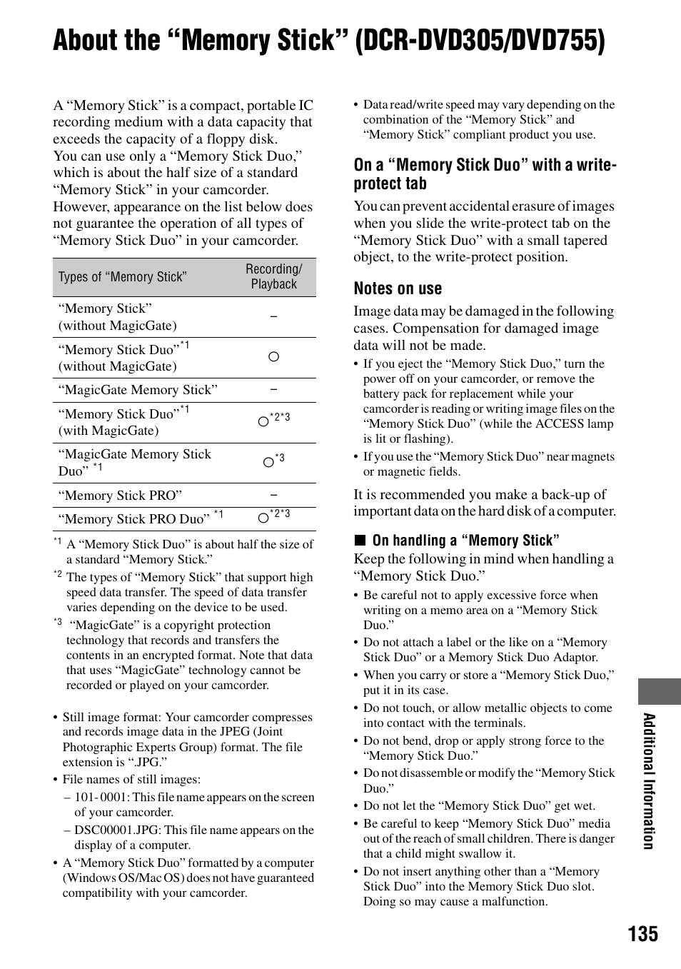 About the “memory stick” (dcr-dvd305/dvd755), P.135), P.135 | Sony DCR-DVD205 User Manual | Page 135 / 156