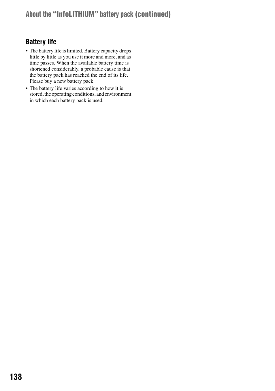 About the “infolithium” battery pack (continued) | Sony DCR-DVD205 User Manual | Page 138 / 156