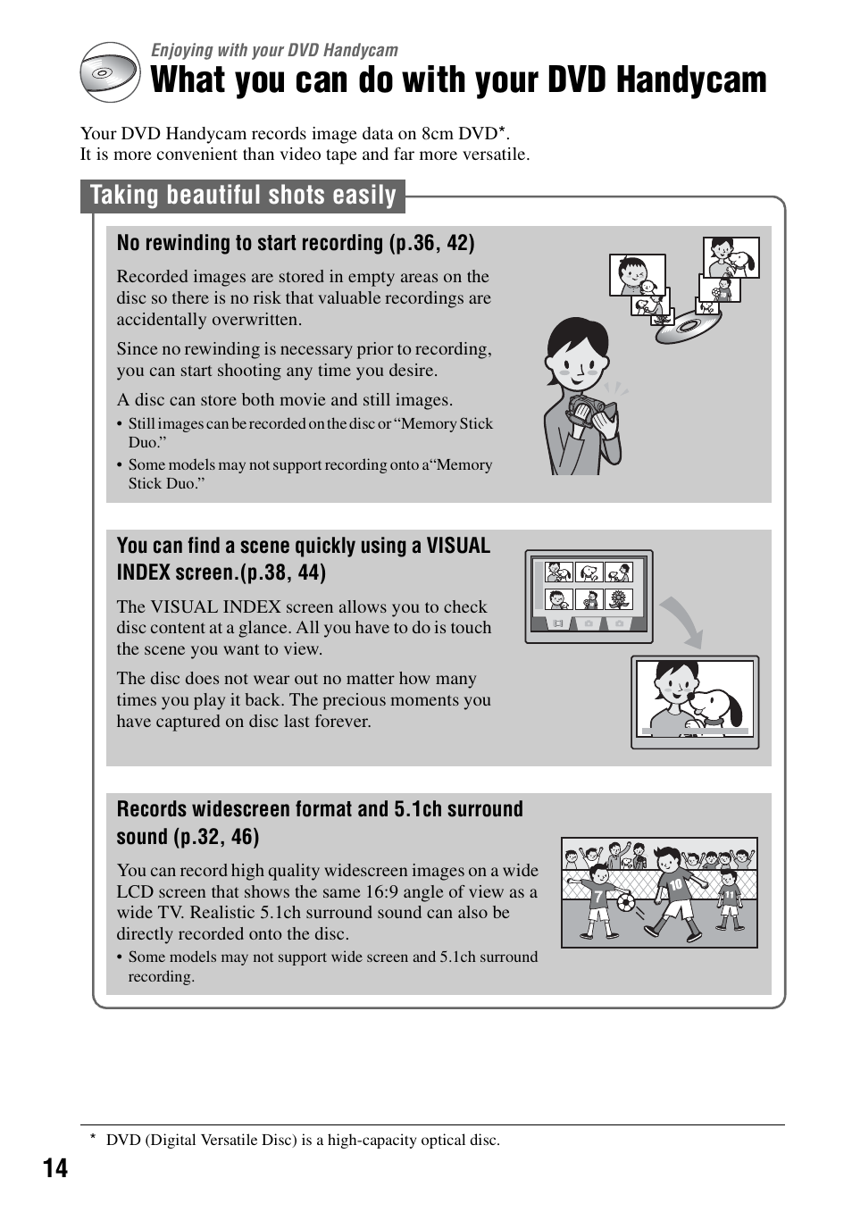 Enjoying with your dvd handycam, What you can do with your dvd handycam, Enjoying with your | Dvd handycam, Taking beautiful shots easily | Sony DCR-DVD205 User Manual | Page 14 / 156