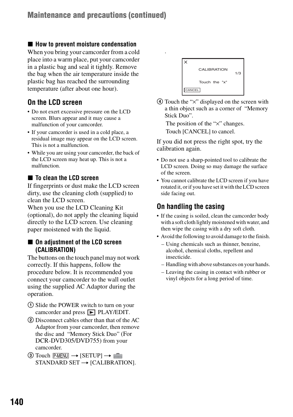 P.140), Tion]) (p.140, Maintenance and precautions (continued) | On the lcd screen, On handling the casing | Sony DCR-DVD205 User Manual | Page 140 / 156