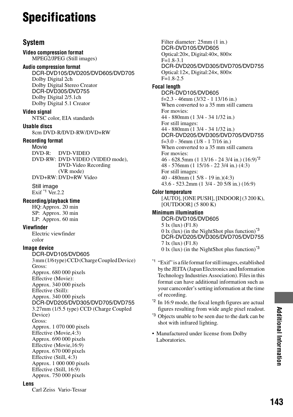 Specifications, System | Sony DCR-DVD205 User Manual | Page 143 / 156