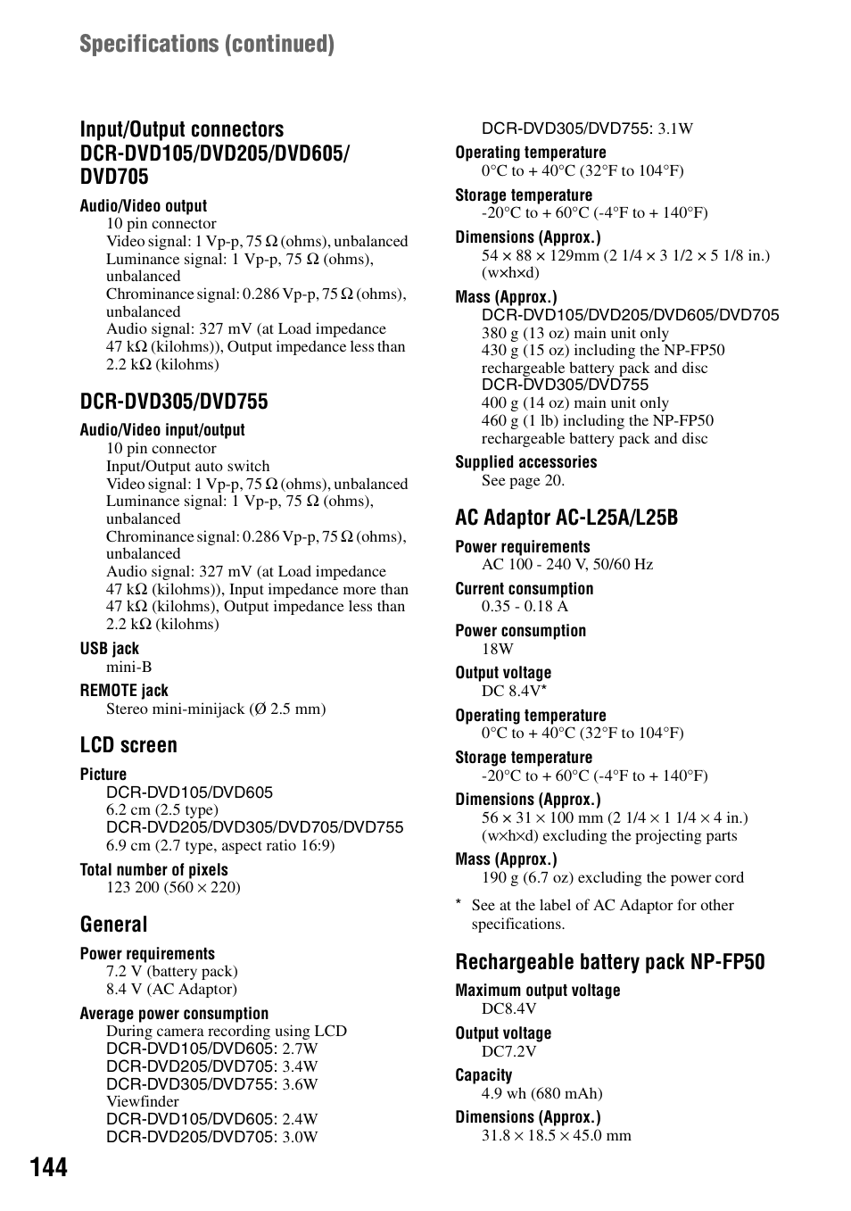 Specifications (continued), Lcd screen, General | Ac adaptor ac-l25a/l25b, Rechargeable battery pack np-fp50 | Sony DCR-DVD205 User Manual | Page 144 / 156