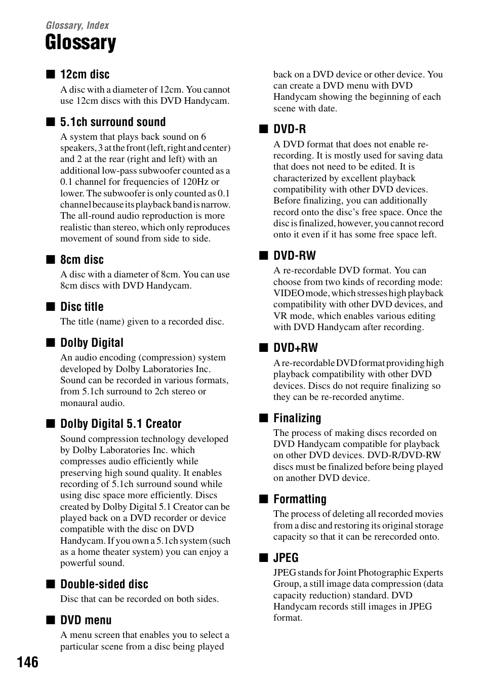 Glossary, index, Glossary, P.146 | Ry (p.146, P.146) | Sony DCR-DVD205 User Manual | Page 146 / 156