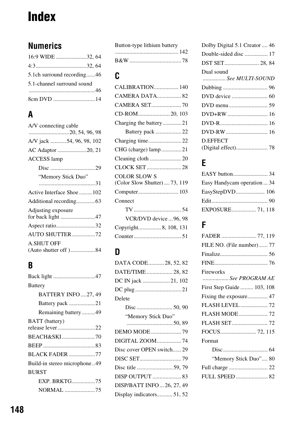 Index, Numerics | Sony DCR-DVD205 User Manual | Page 148 / 156