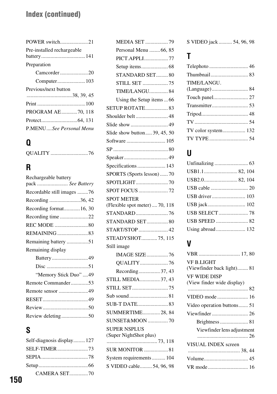 Index (continued) | Sony DCR-DVD205 User Manual | Page 150 / 156