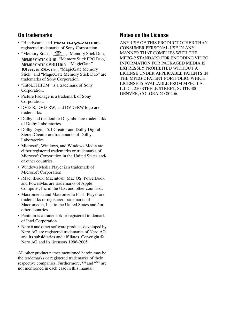 On trademarks | Sony DCR-DVD205 User Manual | Page 155 / 156