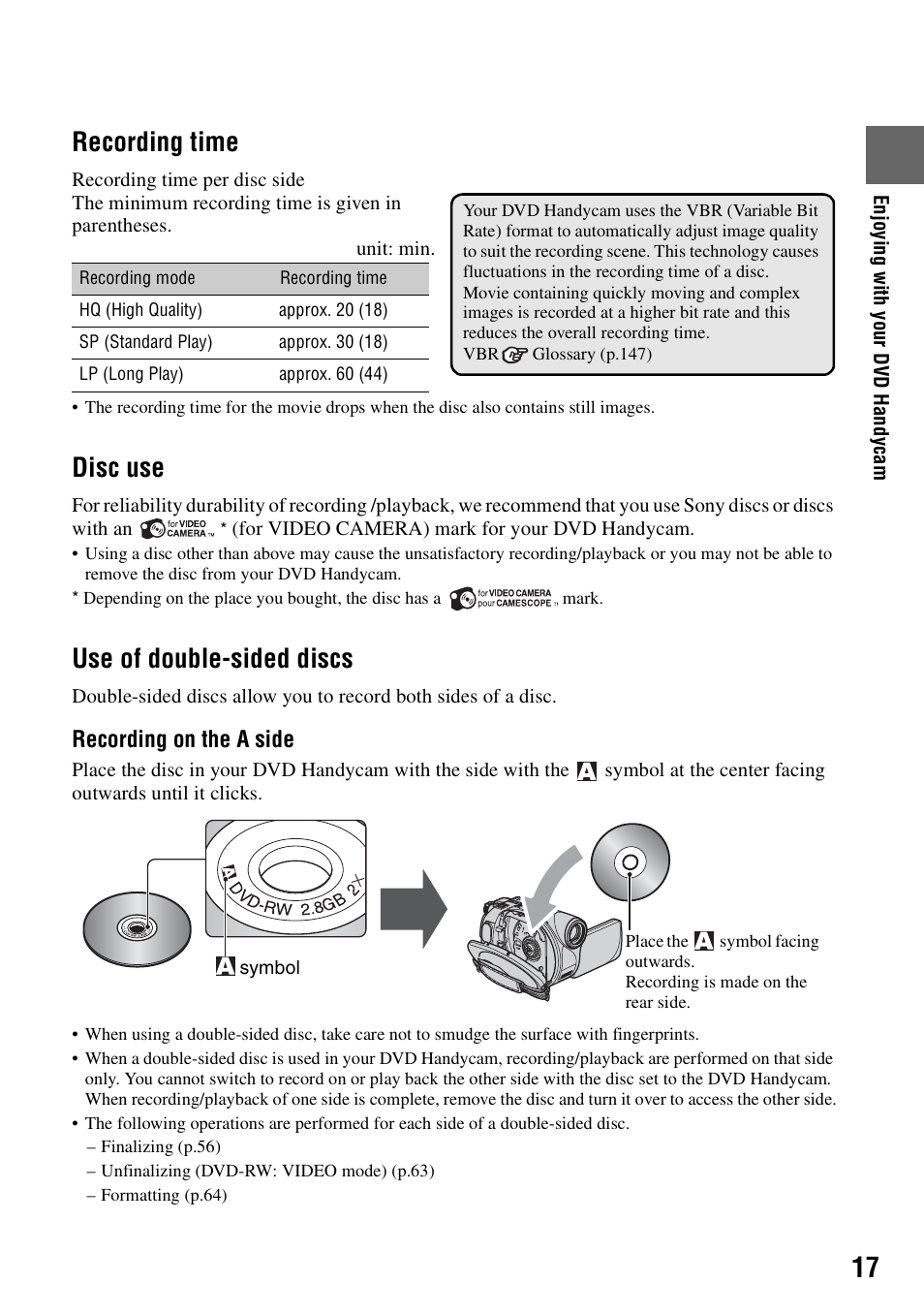 Recording time, Disc use, Use of double-sided discs | Recording on the a side | Sony DCR-DVD205 User Manual | Page 17 / 156