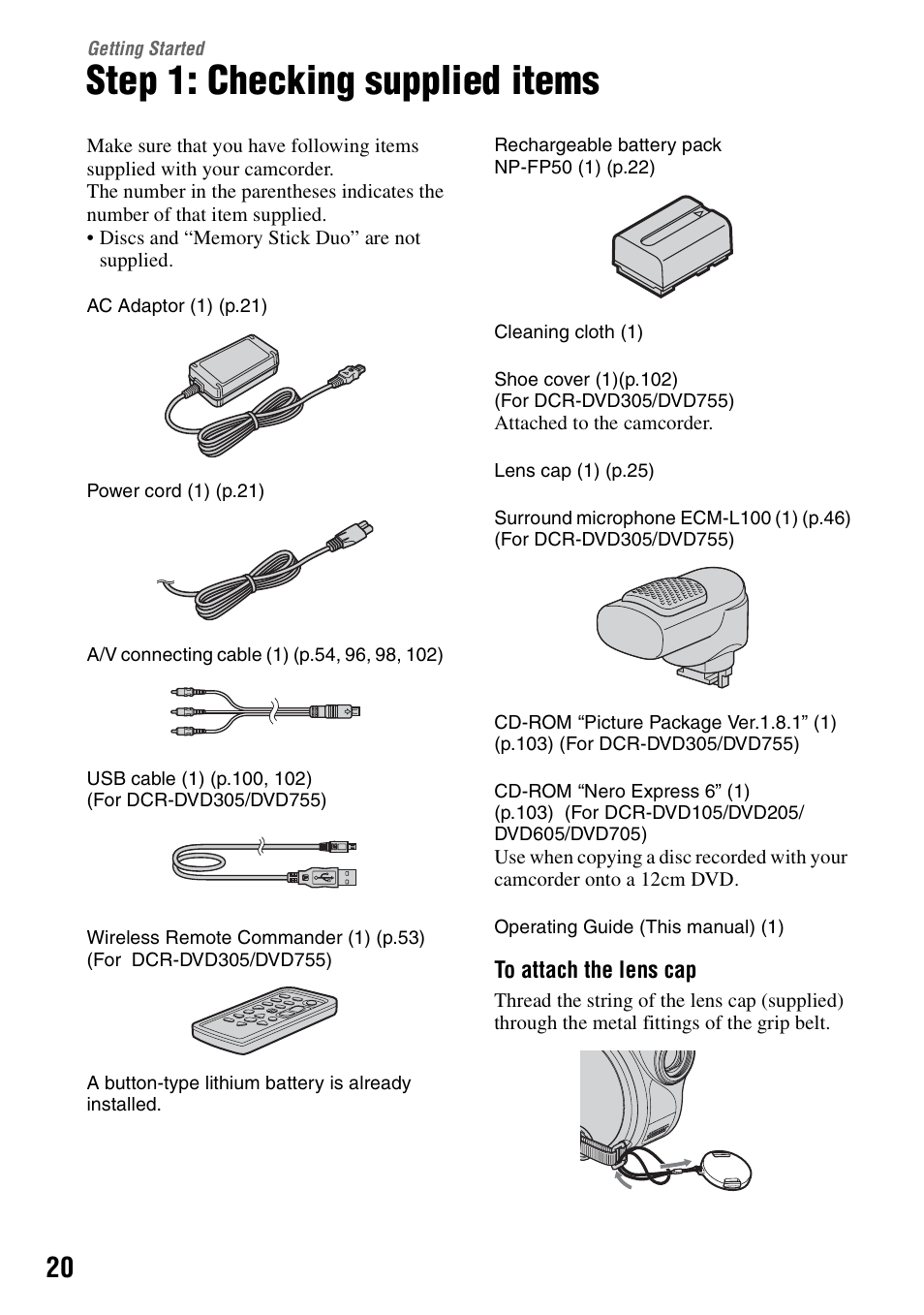 Getting started, Step 1: checking supplied items, 20 t | Sony DCR-DVD205 User Manual | Page 20 / 156