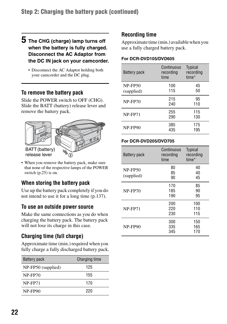 P.22, Step 2: charging the battery pack (continued), When storing the battery pack | Charging time (full charge), Recording time | Sony DCR-DVD205 User Manual | Page 22 / 156