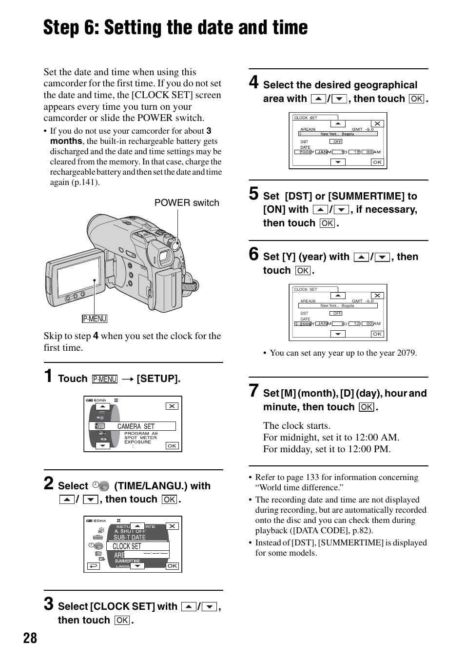 Step 6: setting the date and time, S (p.28), P.28) | Sony DCR-DVD205 User Manual | Page 28 / 156