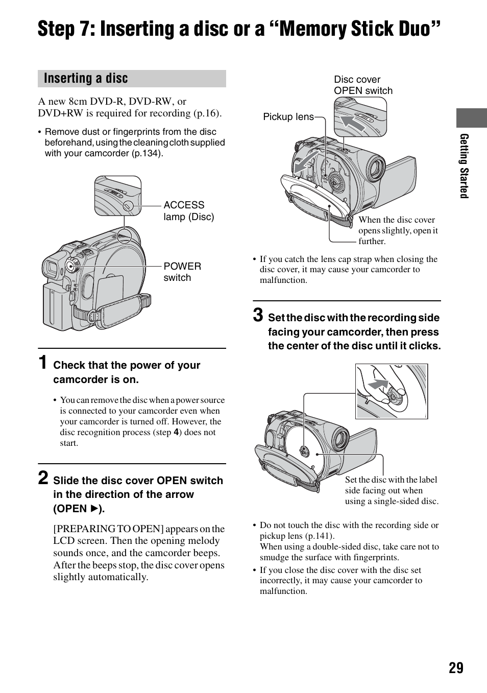 Step 7: inserting a disc or a “memory stick duo, P.29) i, P.29) | P.29, Inserting a disc | Sony DCR-DVD205 User Manual | Page 29 / 156