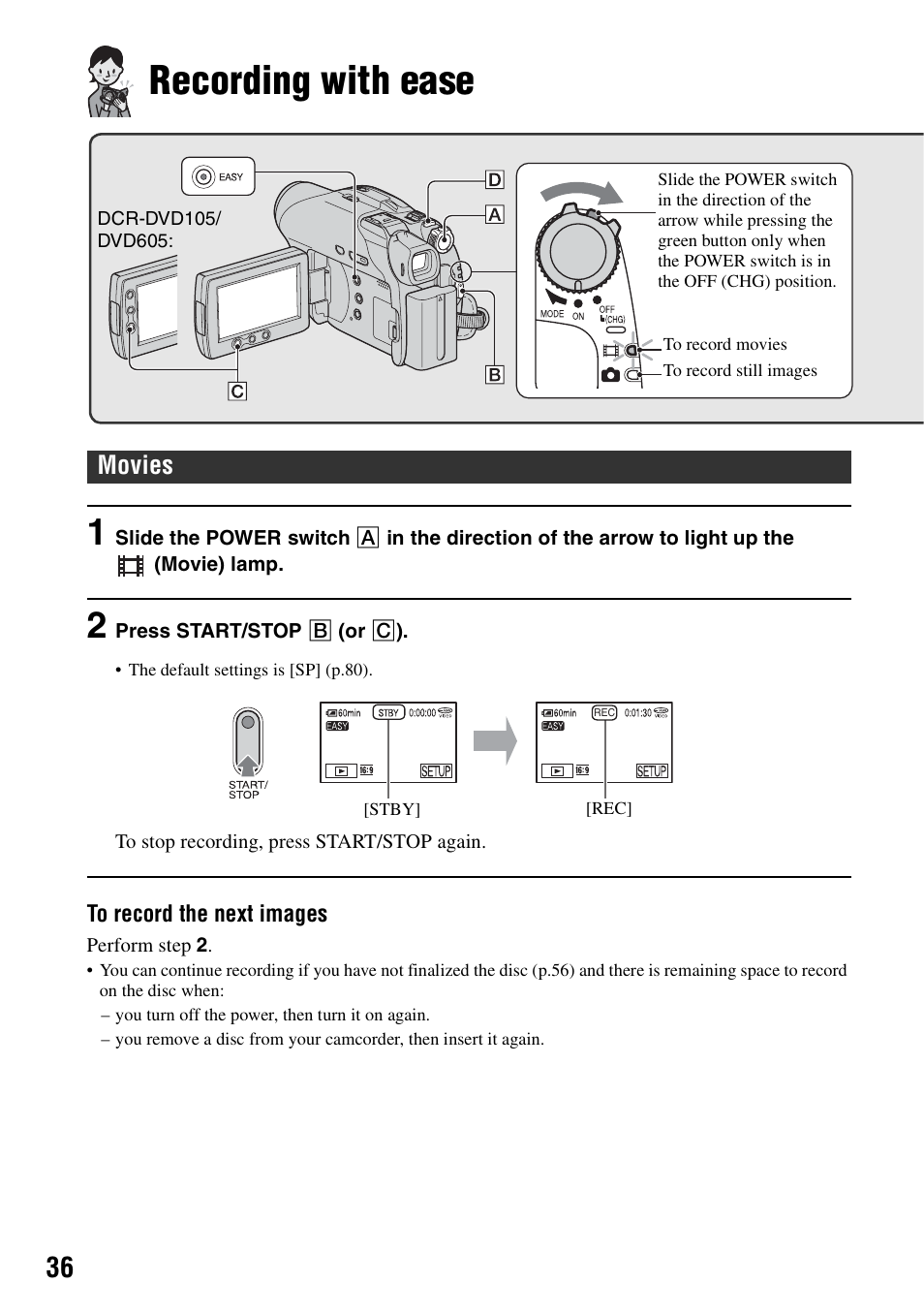 Recording with ease, P.36, Movies | Sony DCR-DVD205 User Manual | Page 36 / 156