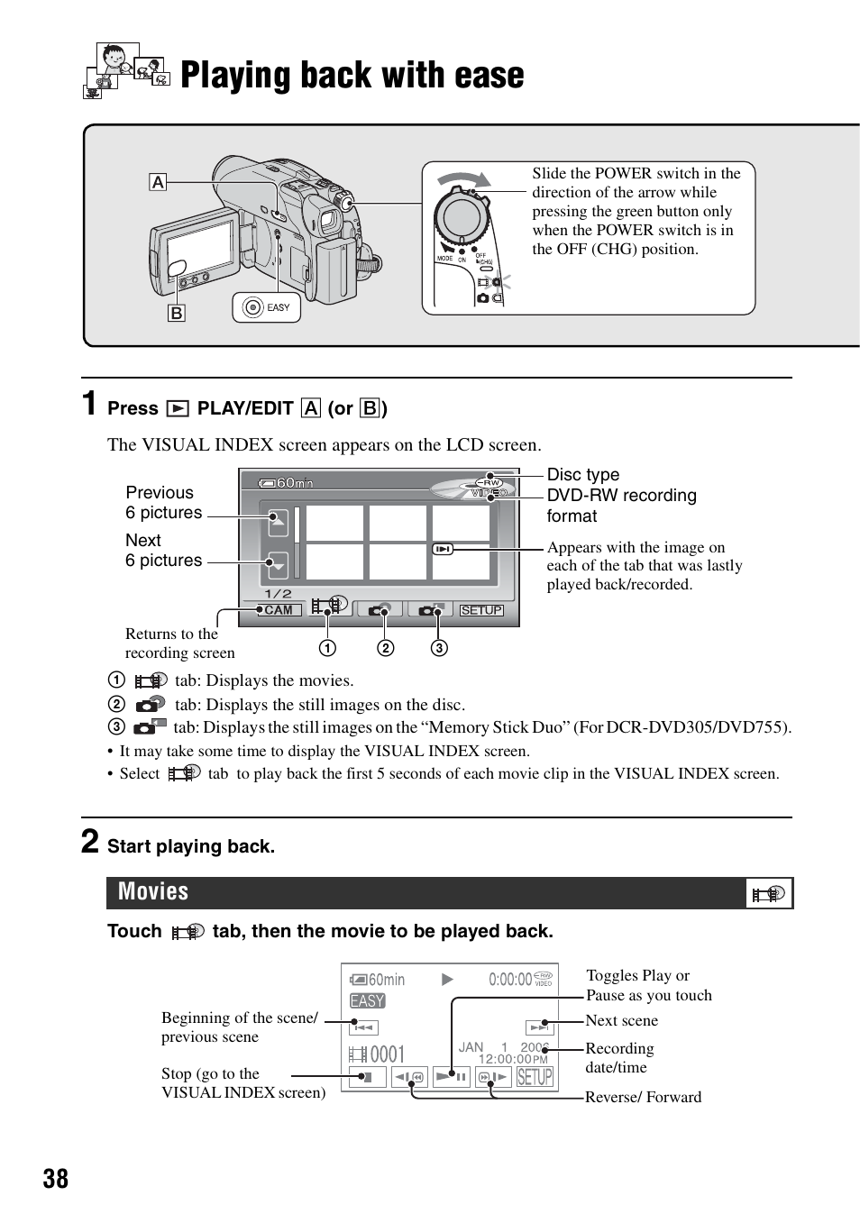 Playing back with ease, P.38, Movies | Sony DCR-DVD205 User Manual | Page 38 / 156